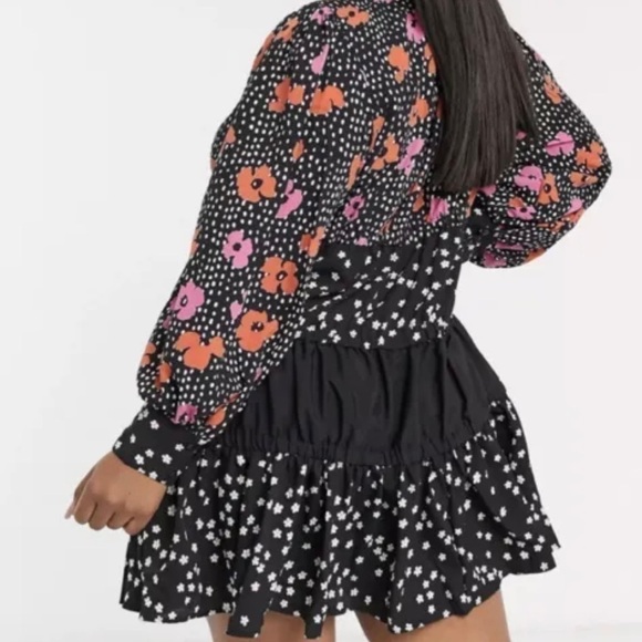 NEW ASOS Floral Polka Dot Tiered Smock Mini Dress Black Orange Pink Size 4‎ - Picture 7 of 15